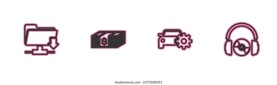 Configure la descarga de carpetas FTP en línea, servicio de coches, dinero en papel en efectivo y auriculares e icono de CD o DVD. Vector
