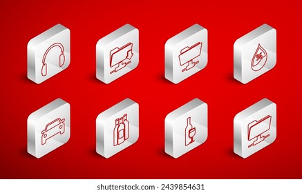 Set line FTP folder, download, Water drop percentage, Wine bottle with glass, Headphones, Bottles of wine and Car icon. Vector