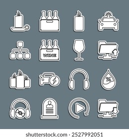 Set line FTP folder download, Water drop percentage, upload, Burning candle, Bottles of wine box, Hierarchy organogram chart, candlestick and Wine glass icon. Vector