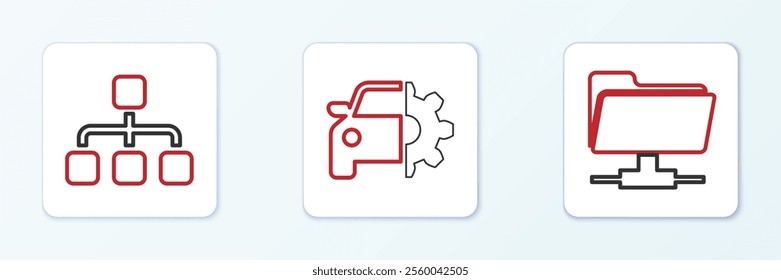 Set line FTP folder, Hierarchy organogram chart and Car service icon. Vector