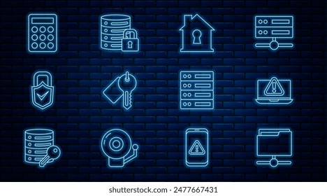 Set line FTP folder, Laptop with exclamation mark, House under protection, Marked key, Lock and check, Password, Server, Data, Web Hosting and security lock icon. Vector