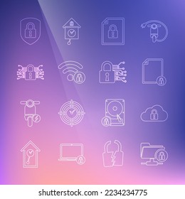 Set line FTP Ordner und Schloss, Cloud Computing, Dokument, WiFi abgeschlossen, Cyber-Sicherheit, Schild mit und Symbol. Vektorgrafik