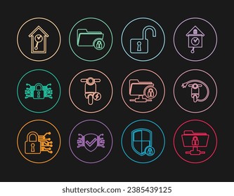 Set line FTP folder and lock, Electric scooter, Open padlock, Cyber security, Retro wall watch,  and Folder icon. Vector