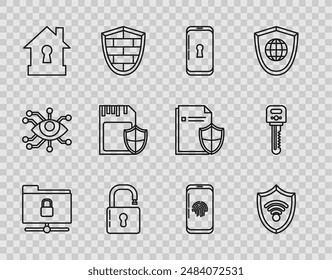 Set line FTP folder and lock, Shield with WiFi wireless internet network, Smartphone, Open padlock, House under protection, SD card shield, fingerprint scanner and Key icon. Vector