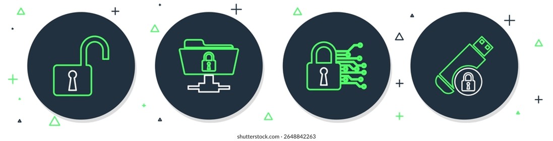 Defina a pasta FTP linha e bloqueio, segurança cibernética, abrir cadeado e unidade flash USB com ícone. Vetor