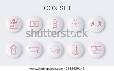 Set line FTP folder and lock, Retro wall watch, USB flash drive with, Smartphone, Computer api interface, Laptop, Folder and Cloud computing icon. Vector