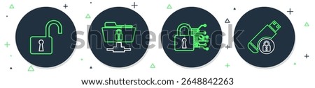 Set line FTP folder and lock, Cyber security, Open padlock and USB flash drive with icon. Vector