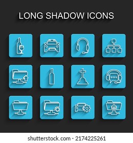 Set line FTP folder, sync refresh, Wine bottle with glass, Car service, upload, Bottle of wine, Headphones speech bubble and Tombstone cross icon. Vector