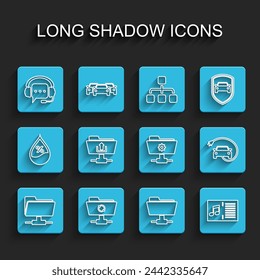 Set line FTP folder, sync refresh, Headphones with speech bubble, Music book note, upload, Electric car and settings icon. Vector