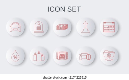 Set line FTP folder upload, Paper money dollars cash, Car protection or insurance, Police car and flasher, Tombstone with RIP written, Burning candles and Wooden barrel for wine icon. Vector