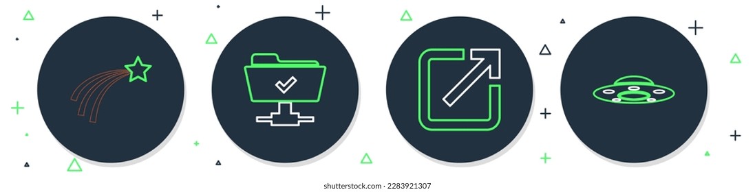 Set line FTP operation successful, Open in new window, Falling star and UFO flying spaceship icon. Vector