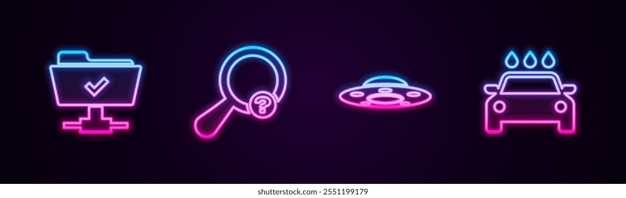 Set line FTP operation successful, Unknown search, UFO flying spaceship and Car wash. Glowing neon icon. Vector