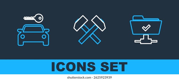 Set line FTP operation successful, Car rental and Two crossed hammers icon. Vector