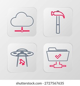 Set line FTP operation successful, UFO abducts cow, Hammer and Network cloud connection icon. Vector
