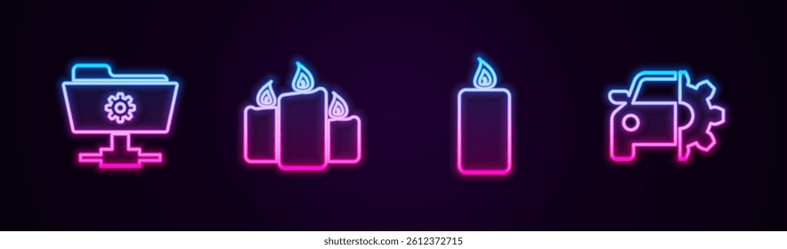 Set line FTP settings folder, Burning candles,  and Car service. Glowing neon icon. Vector