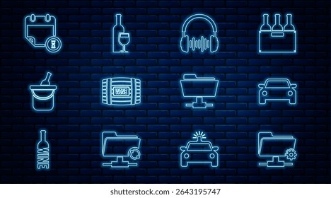 Set line FTP settings folder, Car, Headphone and sound waves, Wooden barrel for wine, Bottle of bucket, Calendar clock,  and Wine bottle with glass icon. Vector