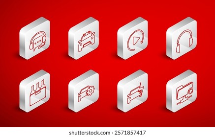 Set line FTP sync refresh, Police car and flasher, Video play button, Headphones, Electric, with speech bubble, Car service and Bottles of wine in box icon. Vector