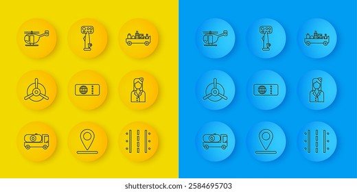 Set line Fuel tanker truck, Plane propeller, Airline ticket, Airport runway, Stewardess, Helicopter, luggage towing and Aircraft steering helm icon. Vector