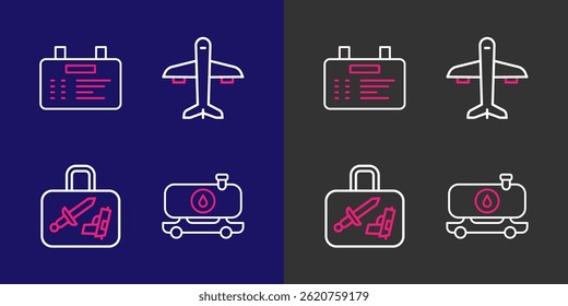 Set line Fuel tanker truck, Suitcase, Plane and Airport board icon. Vector