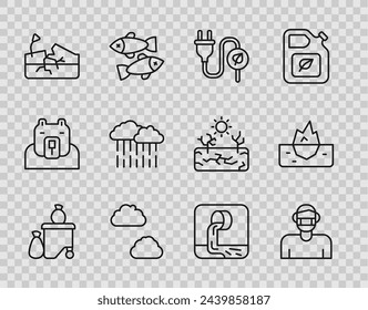 Set line Full dustbin, Face protective mask, Electric saving plug leaf, Cloud, Earthquake, with rain, Wastewater and Iceberg icon. Vector