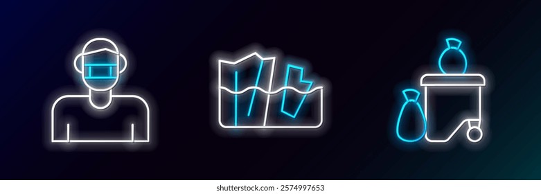 Set line Full dustbin, Face protective mask and Glacier melting icon. Glowing neon. Vector