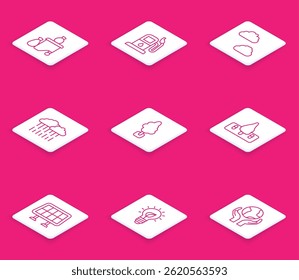 Fije la línea Cubo de basura completo, gasolinera o gasolinera, Nube, con lluvia, árbol, deforestación, panel de energía solar e icono de hoja de bombilla. Vector