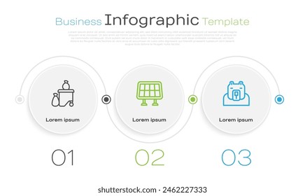 Set line Full dustbin, Solar energy panel and Polar bear head. Business infographic template. Vector