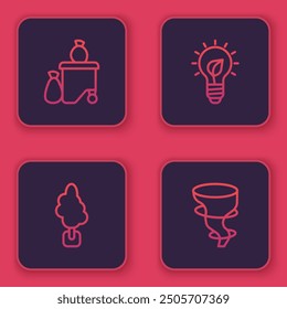 Set line Full dustbin, Tree, Light bulb with leaf and Tornado. Blue square button. Vector