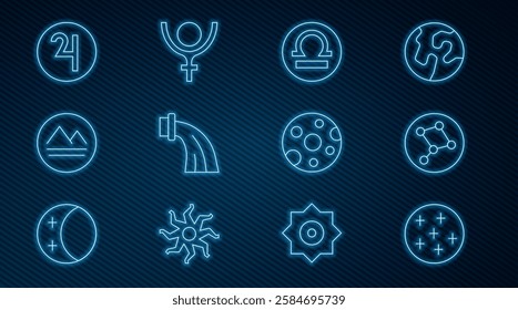 Set line Full moon, Great Bear constellation, Libra zodiac, Aquarius, Earth element, Symbol Jupiter,  and Pluto icon. Vector