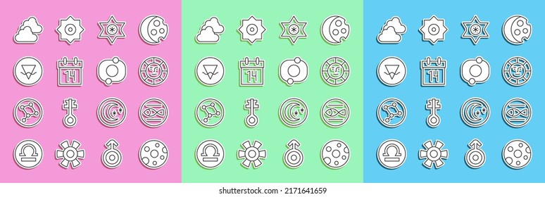 Set line Full moon, Pisces zodiac, Sun, Falling star, Calendar, Earth element, Cloudy weather and Solar system icon. Vector