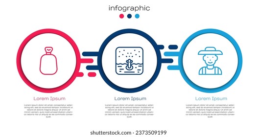 Set line Full sack, Automatic irrigation sprinklers and Farmer the hat. Business infographic template. Vector