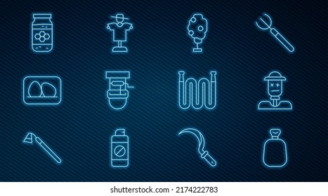 Set line Full sack, Scarecrow, Tree with apple, Well bucket, Chicken egg, Jar of honey, Garden hose and  icon. Vector