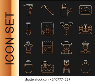 Fijar línea de saco completo, espantapájaros, trigo, lata de riego, rociadores automáticos de riego, pala, cizallón y granja inteligente con icono de drones. Vector