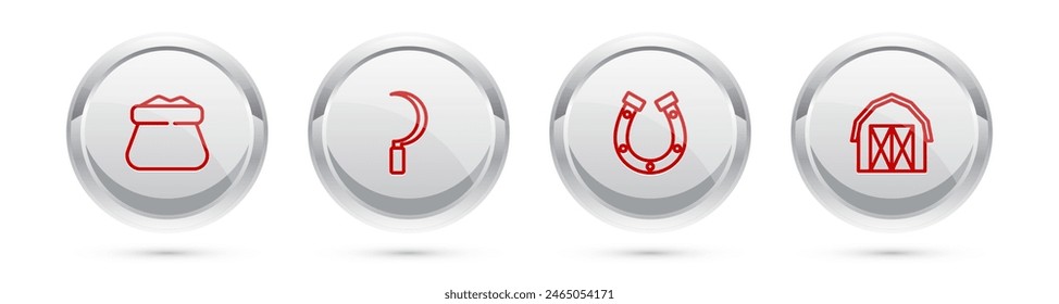 Set line Full sack, Sickle, Horseshoe and Farm house. Silver circle button. Vector