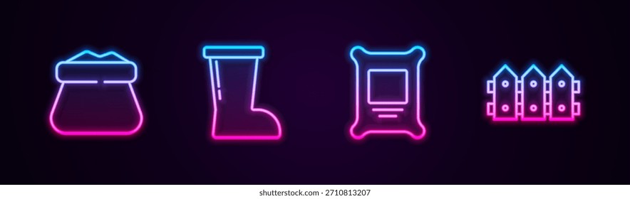 Set Linie Full Sack, wasserdichte Gummistiefel, Düngerbeutel und Gartenzaun aus Holz. Leuchtendes Neonsymbol. Vektorgrafik