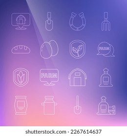 Set line Full sack and wooden box, Speech bubble with Farm, Horseshoe, Chicken egg, Bread loaf, Location farm house and Shield leaf icon. Vector