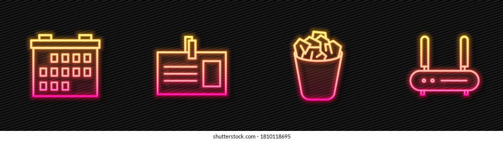 Fijar línea de cubo de basura completo, calendario, identificación y señal de enrutador y wi-fi. Icono de neón brillante. Vector