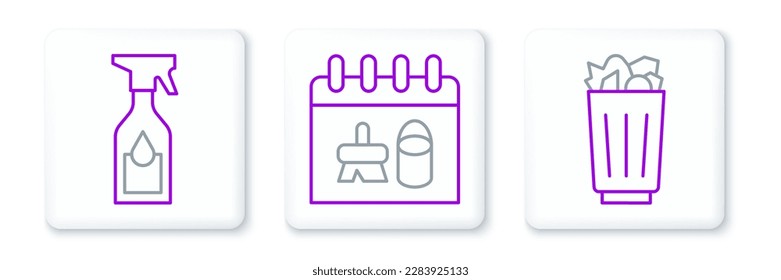 Fijar la línea de cubo de basura completo, botella de pulverizador de limpieza e icono del calendario. Vector
