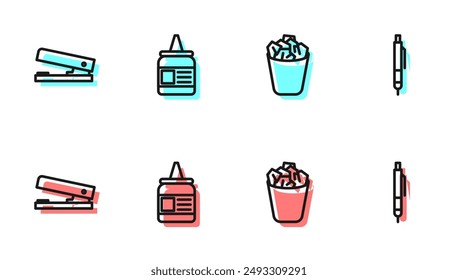 Set line Full trash can, Office stapler, Glue and Pen icon. Vector