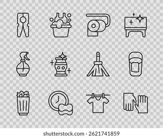 Set line Full trash can, Rubber gloves, Toilet paper roll, Washing dishes, Clothes pin, Clean vase, Drying clothes and Bucket with rag icon. Vector