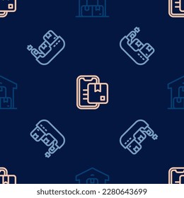 Set line Full warehouse, Cargo ship with boxes delivery and Document tracking marker on seamless pattern. Vector