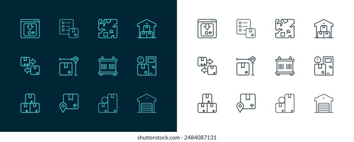 Set line Full warehouse, Location with cardboard box, Container, Carton, Cardboard measurement, Broken, Online app delivery tracking and Verification of list icon. Vector