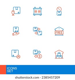 Das Set-Line-Lager, Steuerkarton, Karton, Freier Speicher, Lieferung Hand mit, Pappsymbol, Uhr und Container-Symbol. Vektorgrafik