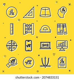 Set line Function mathematical symbol, Computer monitor with graph chart, Office folders, Geometric figure, Abacus, Ruler,  and Protractor icon. Vector