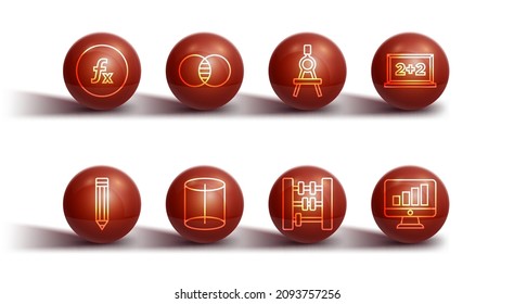 Set line Function mathematical symbol, Pencil, Chalkboard, Abacus, Geometric figure, Mathematics sets and B, Computer monitor with graph chart and Drawing compass icon. Vector