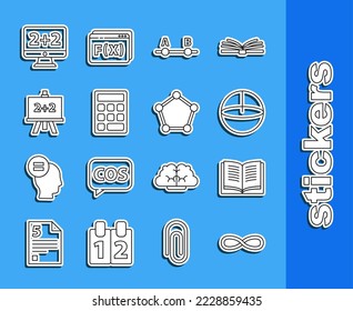 Set line Function mathematical symbol, Equation solution, Calculator, Test exam sheet, Triangle, Graph, schedule, chart, diagram and Geometric figure Sphere icon. Vector