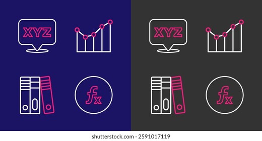 Set line Function mathematical symbol, Office folders, Graph, schedule, chart, diagram and XYZ Coordinate system icon. Vector