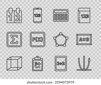 Set line Function mathematical symbol, Ringing bell, Chalkboard, Mathematics function sine, cosine, Equation solution, Calculation and  icon. Vector