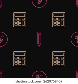 Set line Function mathematical symbol, Calculator and Pencil on seamless pattern. Vector