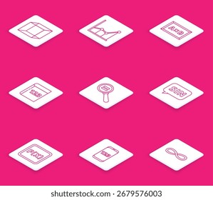 Definir linha Símbolo matemático de função, Sigma, Cálculo, Teste ou folha de exame e caneta, Clipe de papel, cérebro humano, solução de equação e Livro com palavra ícone de matemática. Vetor